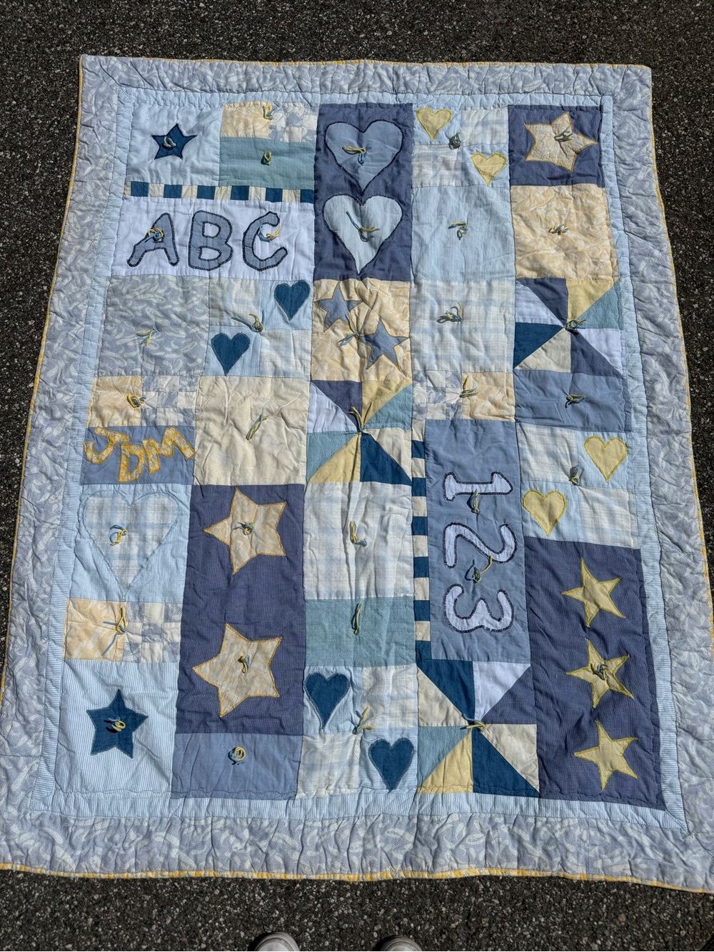 Handmade Blue and Yellow Baby Quilt - ABC 123 Patchwork